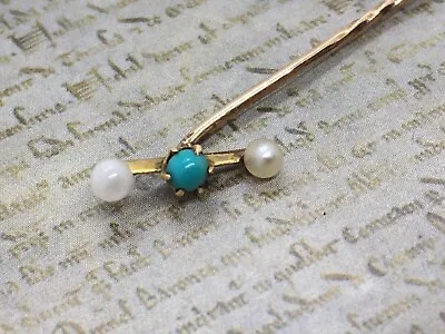 Vintage 9ct Yellow Gold Turquoise And Seed Pearl Stick / Tie / Cravat Pin • £45