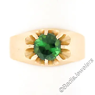 Unisex Vintage 14k Gold 0.85ctw Green Tourmaline Solitaire Gypsy Belcher Ring • $638.40