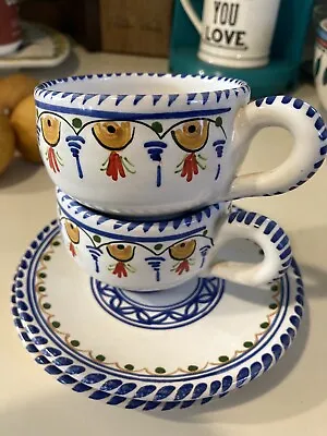 Vintage Pair Of Ceramica Puente Spain Majolica Coffee Cups And Saucers Excellent • $62