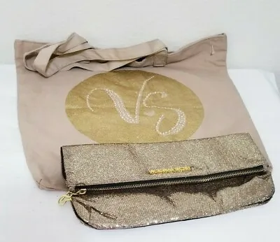 VICTORIA'S SECRET BEIGE Gold Glitter Bling STUDDED CANVAS TOTE BAG &COSMETIC BAG • $24.50