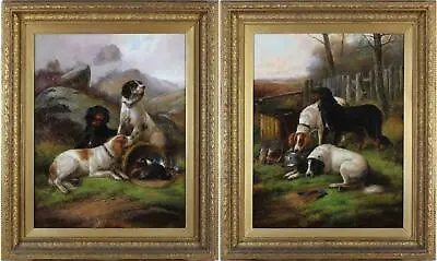 John Morris Large Fine Antique Old Master Oil Painting Pair Hunting Sport Dogs • £20000