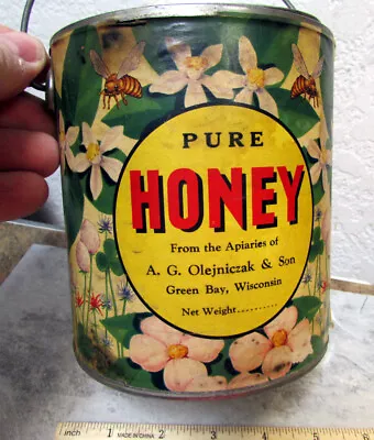 Vintage Pure Honey AG Olejniczak & Son Empty Tin W Handle Green Bay Wisconsin • $29.99