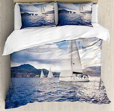 Nautical Duvet Cover Set With Pillow Shams Sailing Boat On Sea Print • £67.55