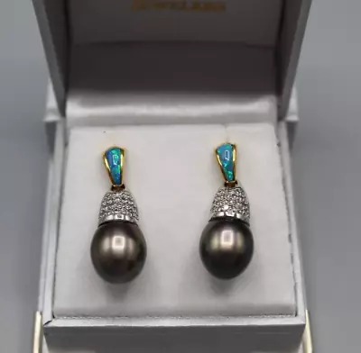 Kabana 18k 750 Yellow Gold/White Gold Diamond Opal Tahitian Pearl Earrings *NEW* • $2499.99