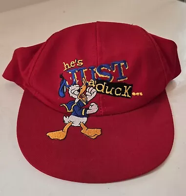 Vintage 90s Donald Duck  HE'S JUST A DUCK  Red Snapback Hat - GOOFY'S HAT CO USA • $19.99