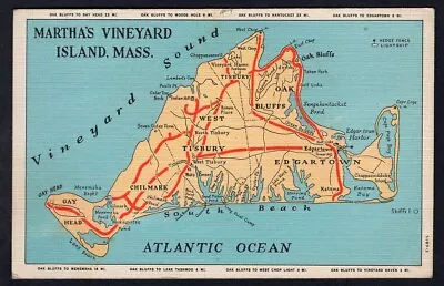 USA Martha's Vineyard Island Mass 1930s Map Postcard. Linen. Edgartown Tisbury • $5.99