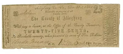 1862 25 Cents The County Of Alleghany VIRGINIA Banknotes Circulated RARE! • $2499