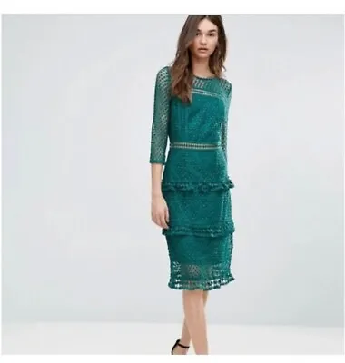 Liquorish Deep Emerald Green Sheer Open Lace Crochet Frill Midi Dress 14 VGC • £19.99