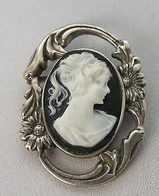 Stunning Jezlaine Sterling Art Nouveau White On Black Stone Style Lady Cameo Pin • $29.99