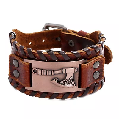 Men's Vintage Silver/Bronze Nordic Viking AXE Leather Wristband Bracelet Amulet • $7.49