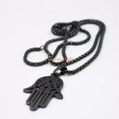 Mens Black Stainless Steel Hamsa Hand Judaica Pendant Necklace Rolo Chain 24'' • $7.99