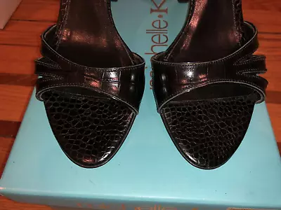 Michelle K Black Snakeskin Open Toe Strappy Pump Sandal Size 6.5 • $19.99