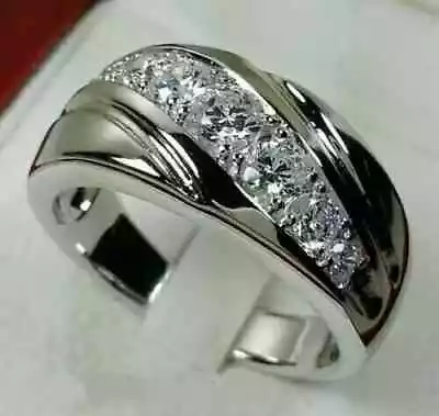 1.00Ct Round Cut Real Moissanite Men's Wedding Band Ring 14K White Gold Plated • $85.99