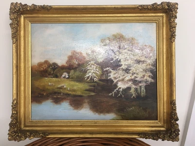 £40 • Buy Oil On Board Painting Of Countryside Scene With Sheep & Trees Signed H.Hunt 1908