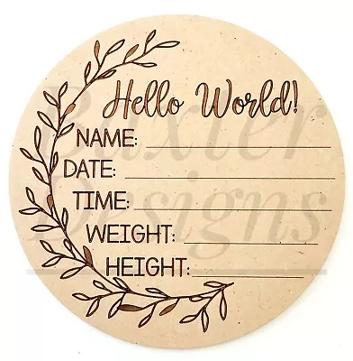 Hello World Plaque Baby Birth Announcement Discs New Baby Side Wreath Sign • $20.70