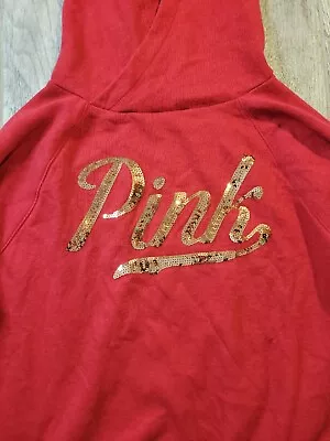Victoria's Secret Pink Sequin Spellout Bling Red Hooded Sweatshirt Size Medium • $26.39