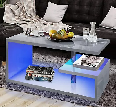 LED Coffee Table With Storage Wooden High Gloss Living Room Furniture Sofa Table • £59.99