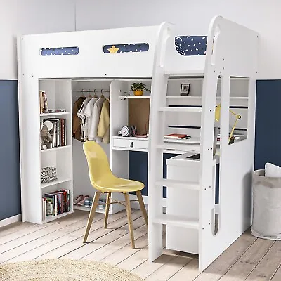 Single High Sleeper Bed White Wood With Desk Shelves Clothes Rail And Mirror • £479.92