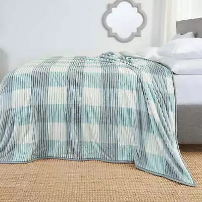 Ultra Plush Heavy Thick Raschel Imitation Mink Bed Blanket 82 X 102 Blue Plaid • $30.91