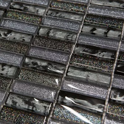 Glitter Grey & Black Glass Mosaic Tile Sheet For Walls Floors Bathroom Kitchen • £8.90