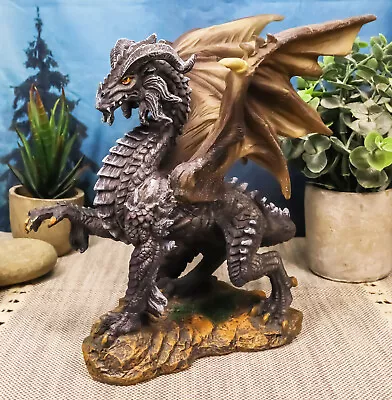 Mythical Fantasy  Silver Volander  Ancient Wise Dragon Statue 8 H Black Dragon • $38.99