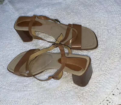 Enzo Angiolini Leather Sandals Size 8.5 M Brown Tan Block Heels Euc • $18.94