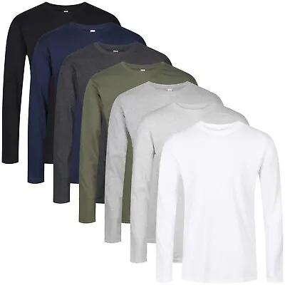 Mens 3 Pack Mixed T-Shirts Long Sleeve Crew Neck 100 Cotton Plain Tee Casual Top • £12.99