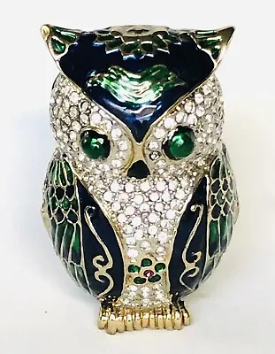Blue Green Owl Hinged Jewelry Metal Enameled Trinket Box With Rhinestones • $17