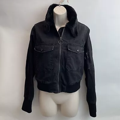 AllSaints Womens Denim Jacket Coat Black Faux Fur Collar Size Medium (PER O) • £64.99