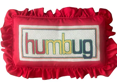 $20 • Buy Vintage Humbug Christmas Needlepoint Ruffled Taffeta Pillow Handmade Red Rainbow