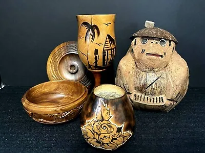 5 Piece Tiki Bar Set Vintage Hawaiian Hand Carved Wood Island Collectors  • $36.40