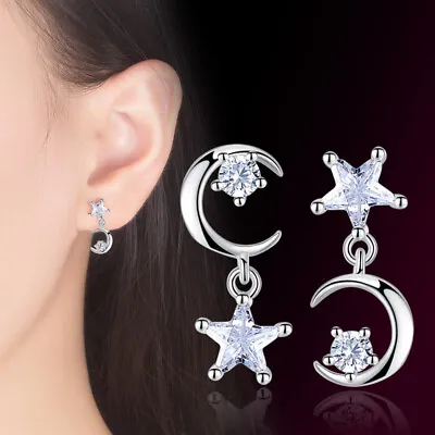 $6.51 • Buy 925 Sterling Silver Crystal Zircon Star Moon Earrings Stud Womens Jewelry Gift