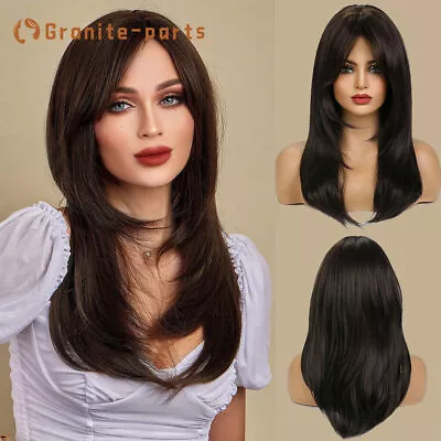 23 In Dark Brown Black Long Straight Wigs Fanshion Wigs With Bangs Daily Use US • $17.79