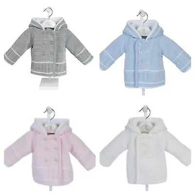 Baby Boys/Girls Knitted Double Breasted Fully Lined Hooded Pram Jacket 0-18 Mo's • £19.89