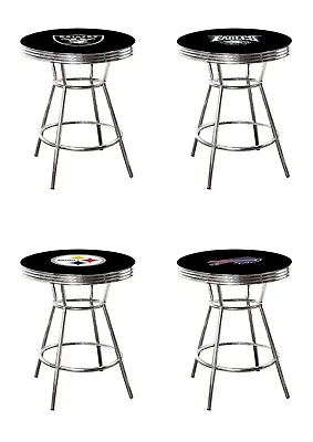 NFL Bar Pub Table Chrome Black Top With Football Team Logo Glass Option Man Cave • $299.88