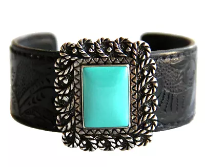 Carolyn Pollack Relios Sterling 925 Turquoise Tooled Black Leather Cuff Bracelet • $125