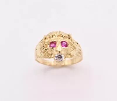 $189.99 • Buy Men's Unisex Lion Head Ring Ruby Eyes & CZ Real Solid 10K Yellow Gold Size 8