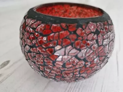 Mosaic Tea Light Holder Crackle Glass Candle Holder Crazed Effect Red Colour • £1.99