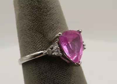 10K WHITE GOLD RING W LAB CREATED PINK TRILLION SAPPHIRE & 6 DIAMONDS - SIZE 8* • $196.95