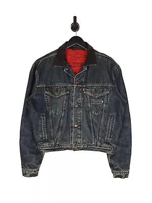90's Levi's Denim Jacket Size Large In Navy Lined Trucker Style Leather Collar • £49.99
