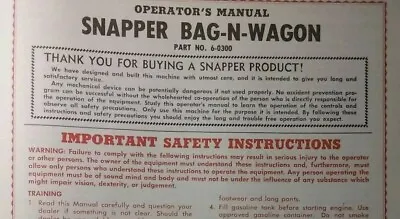 $63.19 • Buy SNAPPER Riding Lawn Mower Tractor BAG-N-WAGON Owner, Service & Parts Manual