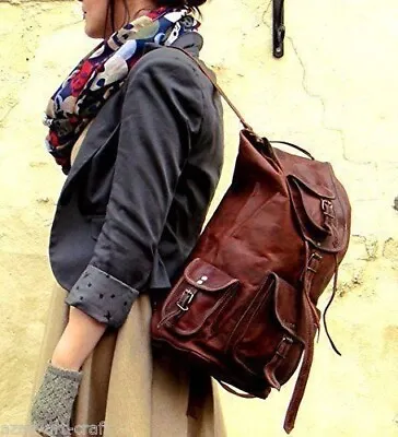 Leather Goat Bag Backpack Rucksack Laptop Vintage Travel Genuine Brown Men's New • £39.50