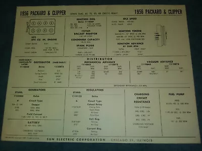 1956 Packard & Clipper 352 374 V8 Engine Sun Tune-up Chart / Delco Remy Ignition • $9.99