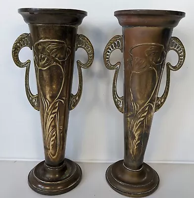 Antique Edwardian Pair Of Copper Art Nouveau Trumpet Posy Vases • £45