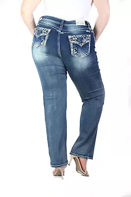 Grace In LA Women Plus Bootcut Jeans Mid Rise Stretch Floral Stitch Faux Flap • $135.02