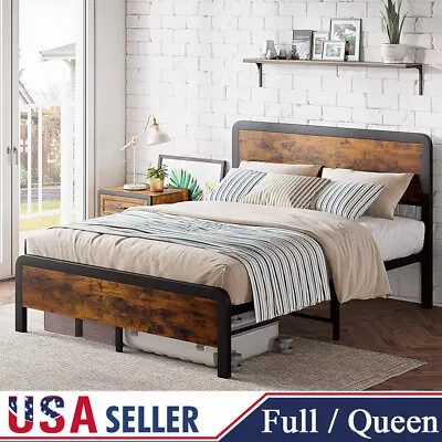 Heavy Duty Metal Bed Frame With Rounded Corners Wooden Headboard Rustic Brown US • $187.98