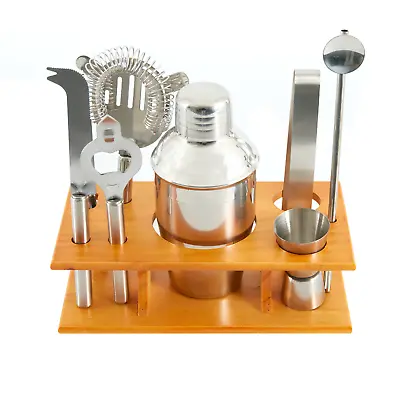 10pc Cocktail Maker Set Shaker Glass Twisted Bar Spoon Strainer Wood Muddler • £10.95