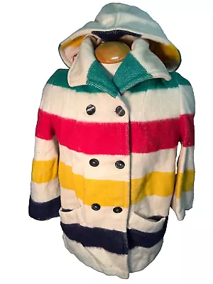 Vintage HUDSON BAY WOOL COAT Multistripe Womens Sz Small With Hood • $229.99