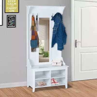 £149.99 • Buy White Entryway Shoe Storage Unit Coat Rack Hanger Bench Mirror Hallway Hall Tree