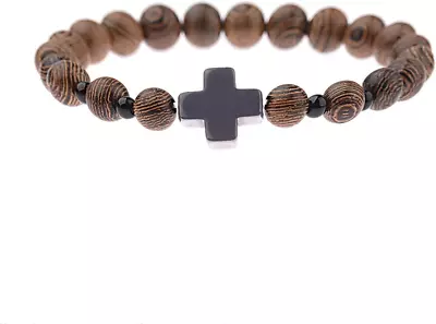 8MM Natural Wooden Beads Christian Prayer Cross Bracelet For Men Women Handmade  • $9.16